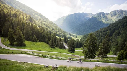 Levico See © Heiko Mandl Zwei Radfahrer auf Bergstraße mit Tannenwald und Bergen im Hintergrund