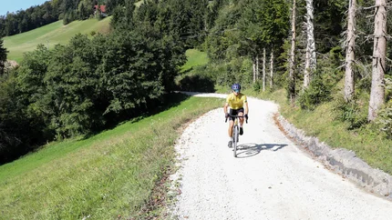 Savinja Tal © Kaja Ribezl Fahrradfahrer auf Waldweg in hügeliger Landschaft bei Sonnenschein