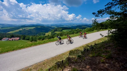 Bucklige Welt © Joris Lugtigheid Vier Radfahrer fahren auf einer Landstraße in hügeliger Landschaft bei sonnigem Wetter